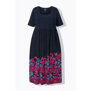Ulla Popken Women's Floral Border Empire Knit A-Line Pocket Dress - Black 28/30